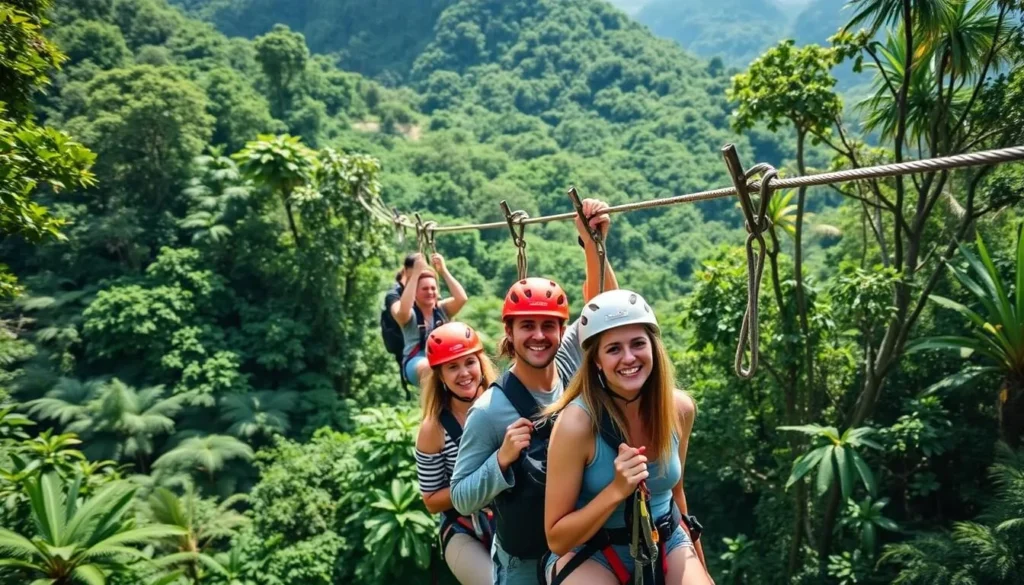 Tourists zip-lining through St. Lucia's lush rainforest canopy