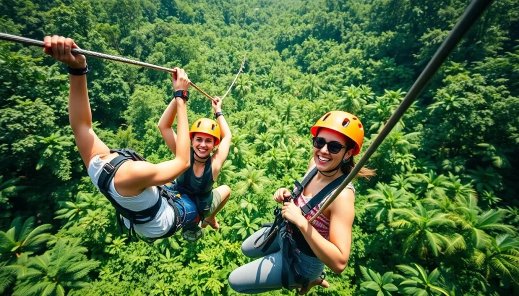 Tourists zip-lining through the Amazon Jungle canopy in Ecuador with professional guides