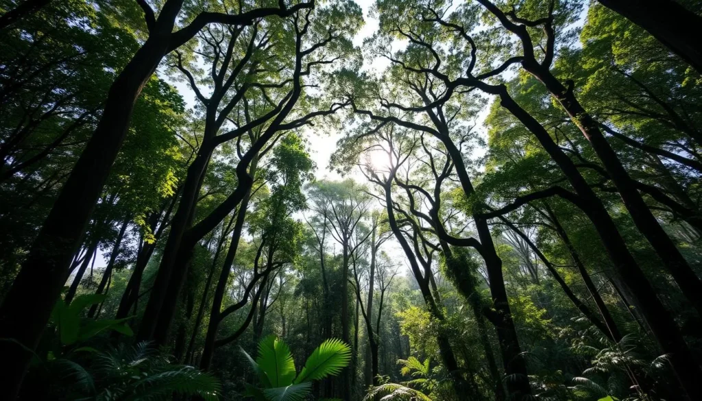Towering Amazon rainforest trees in Bosque Rodrigues Alves with sunlight filtering through the canopy