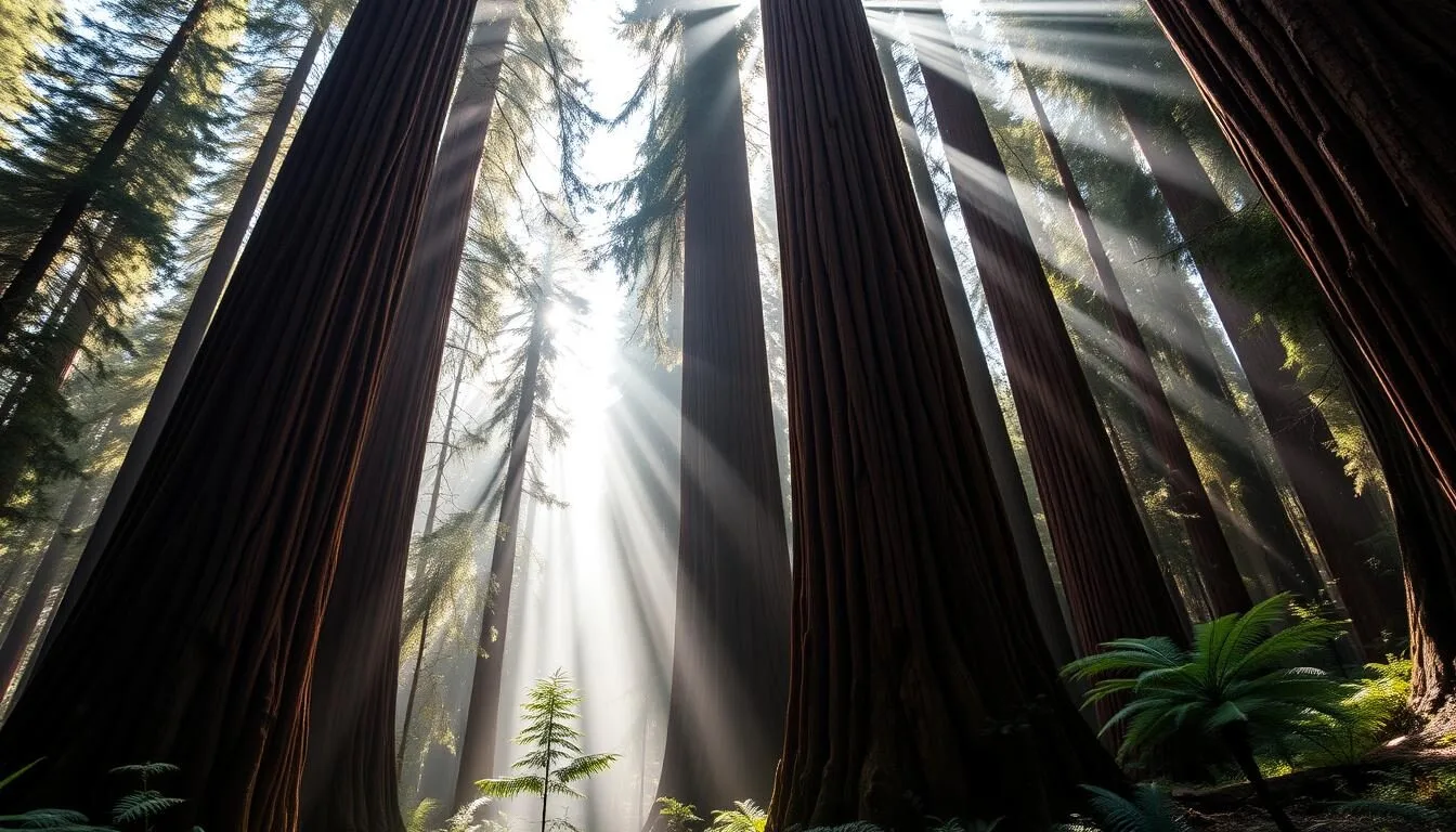 Towering ancient redwoods in Mailliard Redwoods State Natural Reserve with sunlight filtering through the canopy