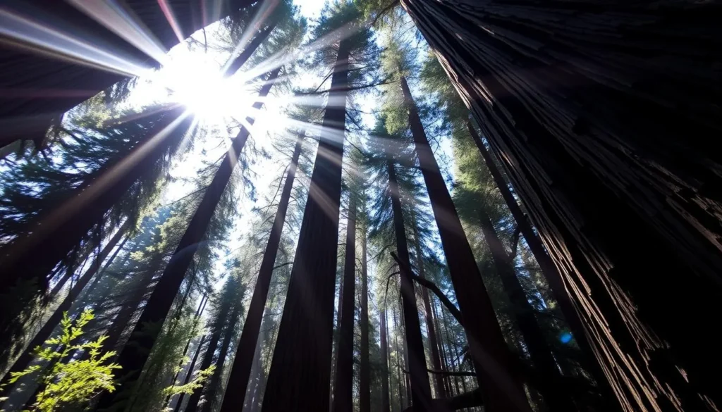 Towering redwoods in adjacent Armstrong Redwoods State Natural Reserve