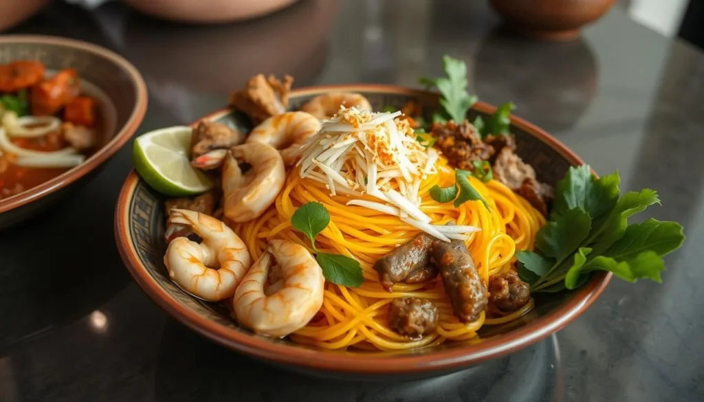 Traditional Acehnese dish Mie Aceh with spicy noodles and seafood