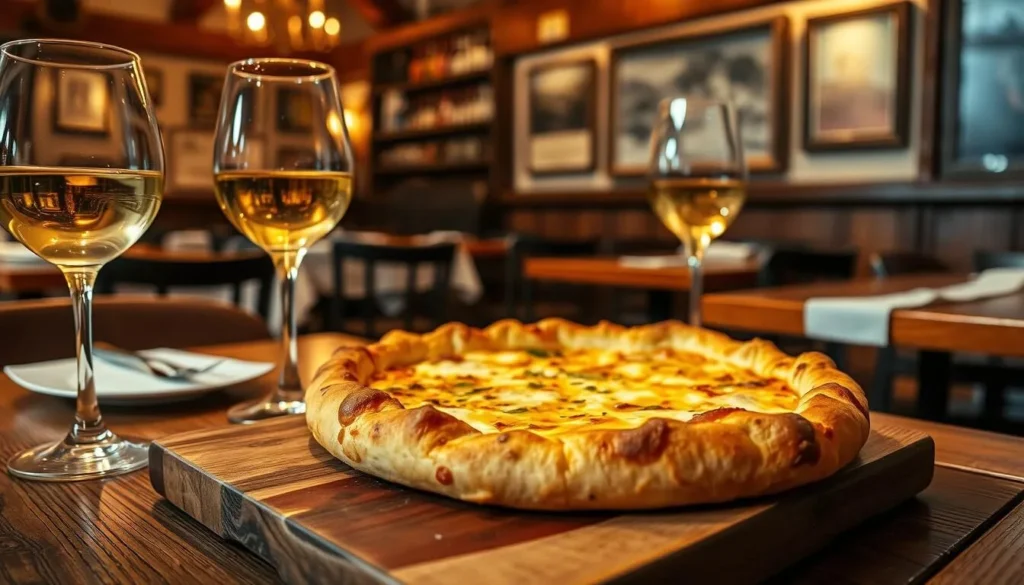 Traditional Alsatian tarte flambée (flammekueche) with local white wine in a rustic Strasbourg restaurant