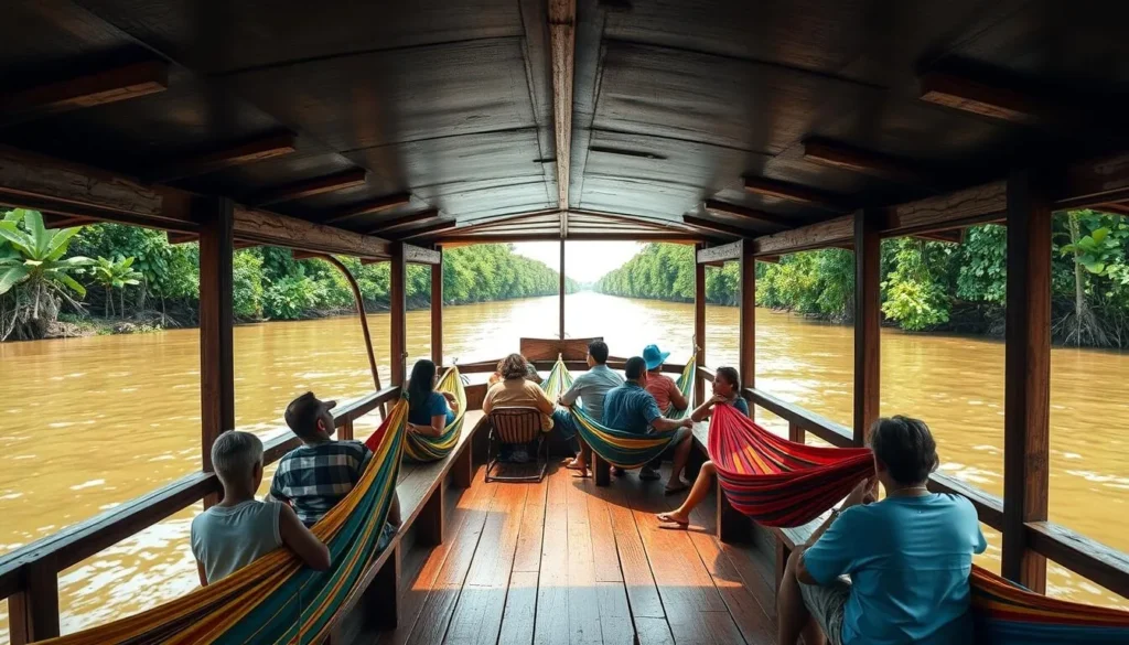 Traditional Amazon riverboat ferry with passengers in hammocks traveling along the Tapajós River Traditional Amazon riverboat ferry with passengers in hammocks traveling along the Tapajós River