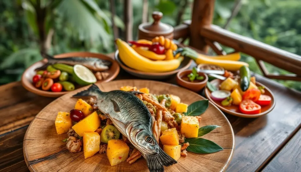 Traditional Amazonian cuisine featuring fresh fish, plantains, and tropical fruits served in a jungle lodge