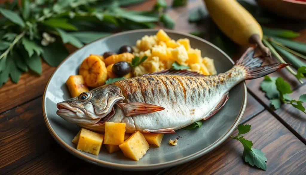 Traditional Amazonian dish featuring grilled pirarucú fish with cassava and plantains in Leticia, Colombia Traditional Amazonian dish featuring grilled pirarucú fish with cassava and plantains in Leticia, Colombia