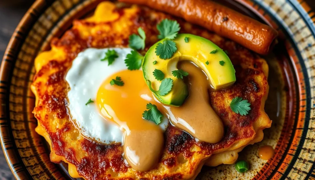 Traditional Ambato dish of llapingachos (potato pancakes) with chorizo, fried egg, avocado, and peanut sauce Traditional Ambato dish of llapingachos (potato pancakes) with chorizo, fried egg, avocado, and peanut sauce