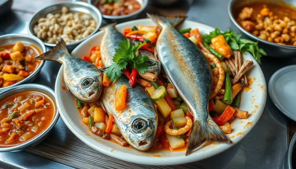 Traditional Ambonese seafood dish with colorful spices and side dishes