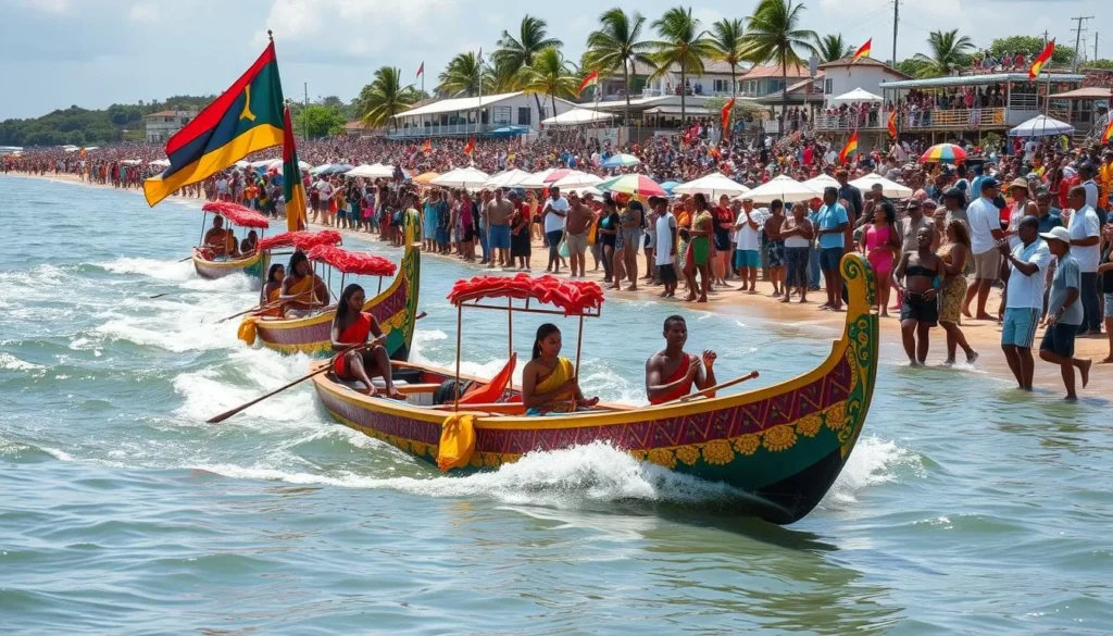 Traditional Anguillian boat race during a festival with spectators on the beach Traditional Anguillian boat race during a festival with spectators on the beach