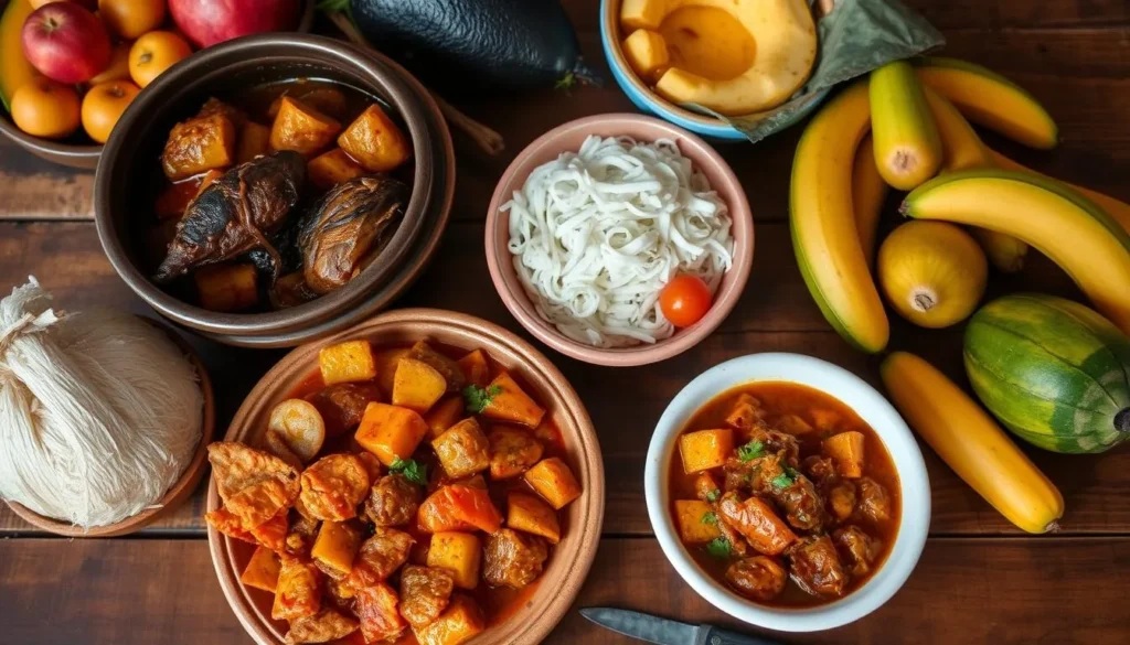 Traditional Antiguan cuisine featuring fungee and pepperpot with colorful side dishes