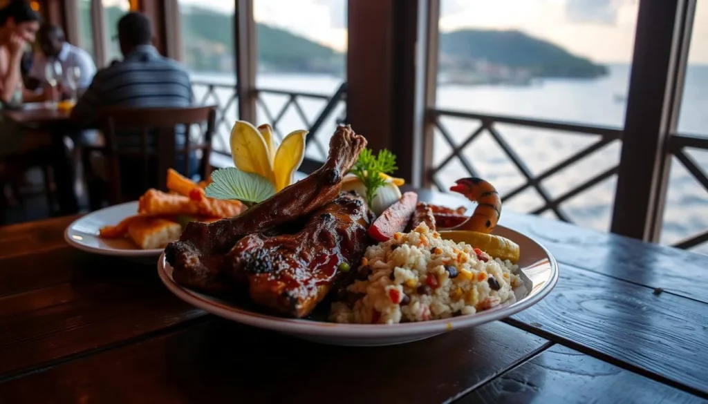 Traditional Antiguan cuisine served at Shirley Heights Lookout restaurant, featuring jerk chicken and seafood Traditional Antiguan cuisine served at Shirley Heights Lookout restaurant, featuring jerk chicken and seafood