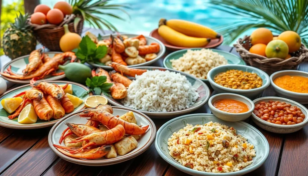 Traditional Antiguan cuisine with fresh seafood and local vegetables
