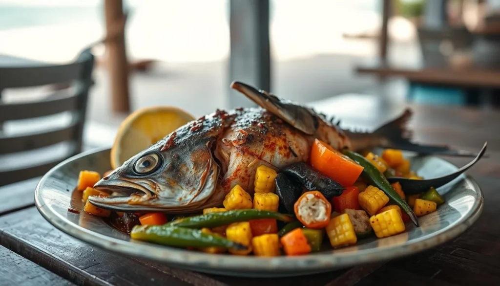 Traditional Antiguan seafood dish with fresh fish, fungi, and vegetables served at a beachside restaurant
