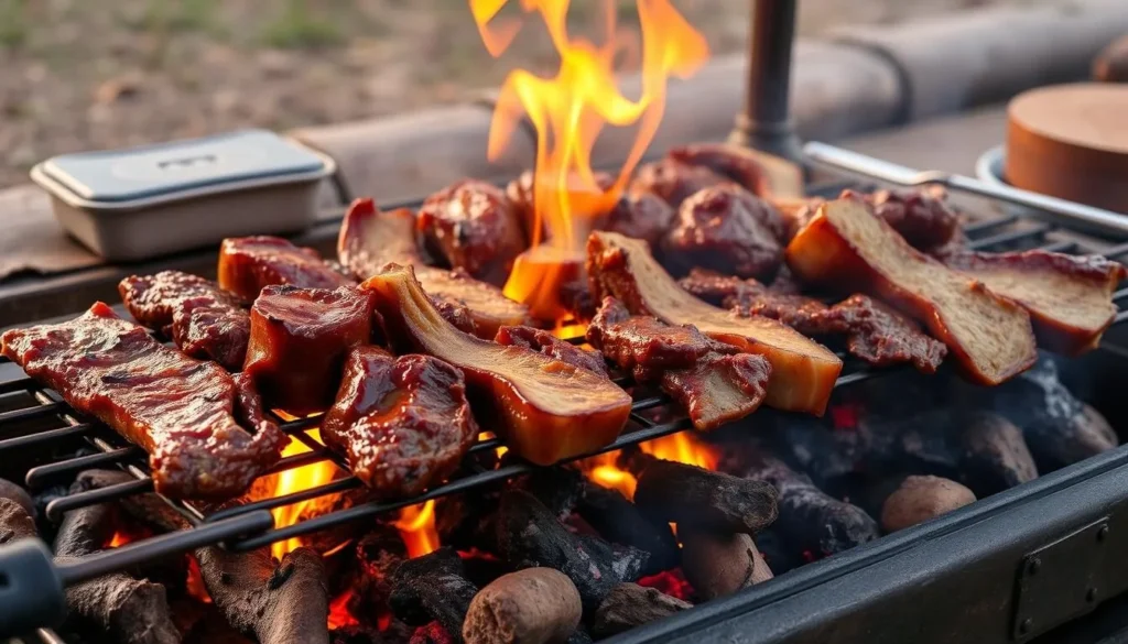 Traditional Argentine asado (barbecue) with meat grilling over open flames Traditional Argentine asado (barbecue) with meat grilling over open flames