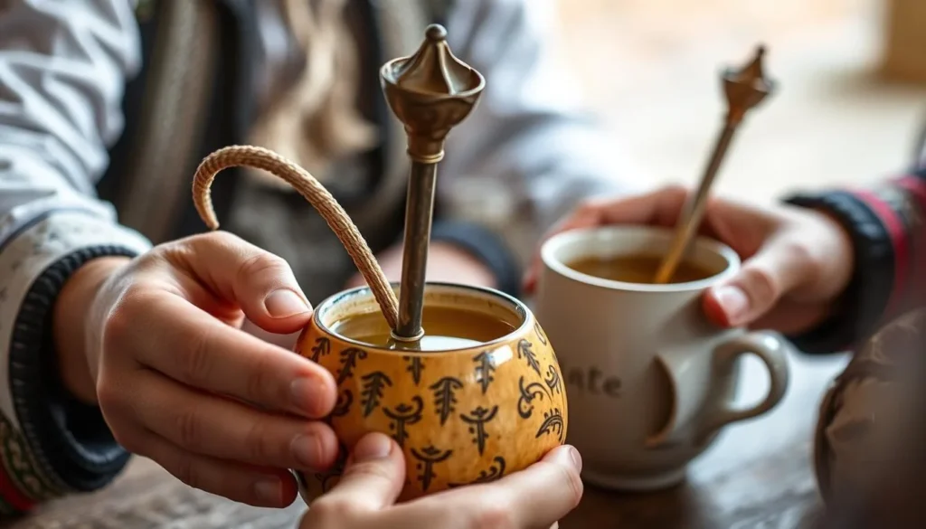 Traditional Argentine mate tea being shared in a social setting with gourd and bombilla