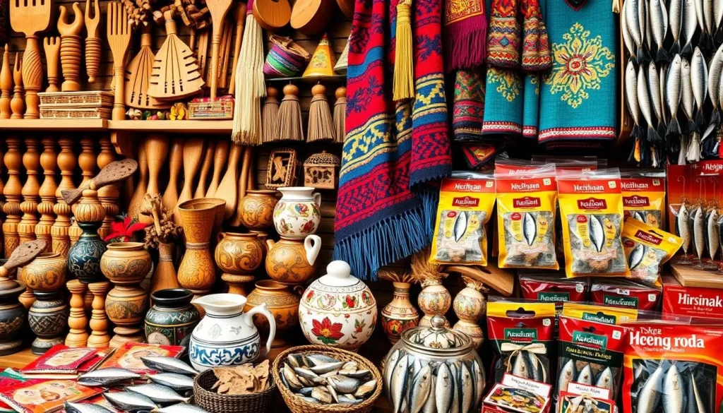 Traditional Astrakhan souvenirs including shawls, wooden crafts, and packaged dried fish