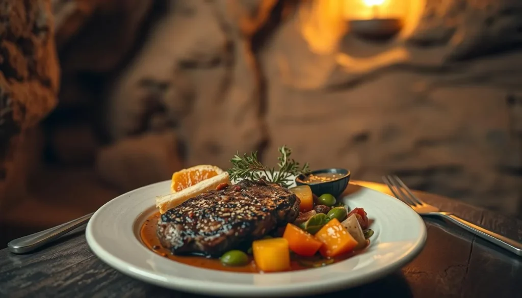 Traditional Australian outback meal being served in an underground restaurant in Coober Pedy, South Australia