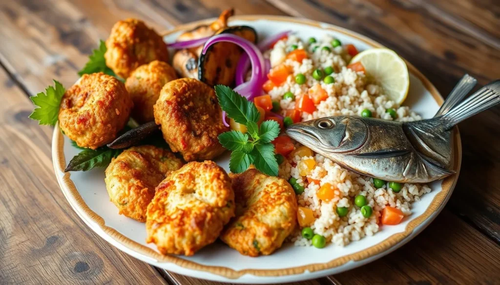 Traditional Bahamian seafood dish with conch fritters, rice and peas, and tropical garnishes