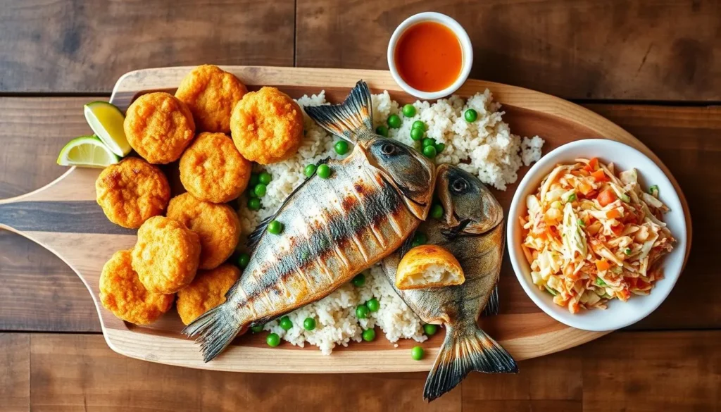 Traditional Bahamian seafood platter with conch fritters, grilled fish, and peas and rice