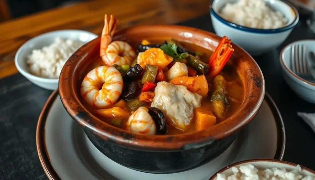 Traditional Bahian seafood moqueca dish served in clay pot