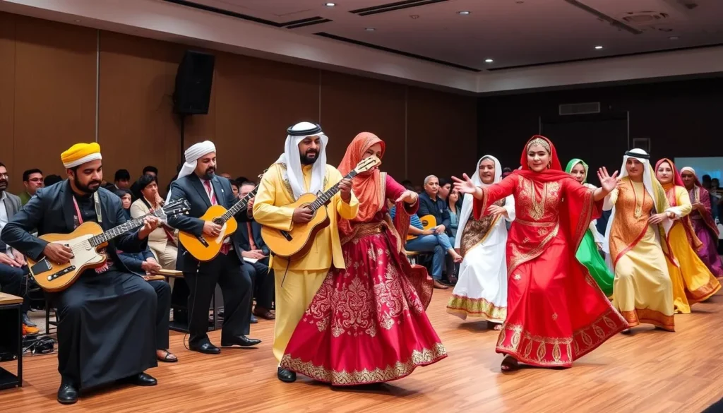 Traditional Bahraini cultural performance with musicians and dancers in colorful traditional attire