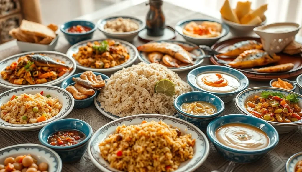 Traditional Bahraini feast with machboos (spiced rice with meat), seafood, and mezze dishes Traditional Bahraini feast with machboos (spiced rice with meat), seafood, and mezze dishes