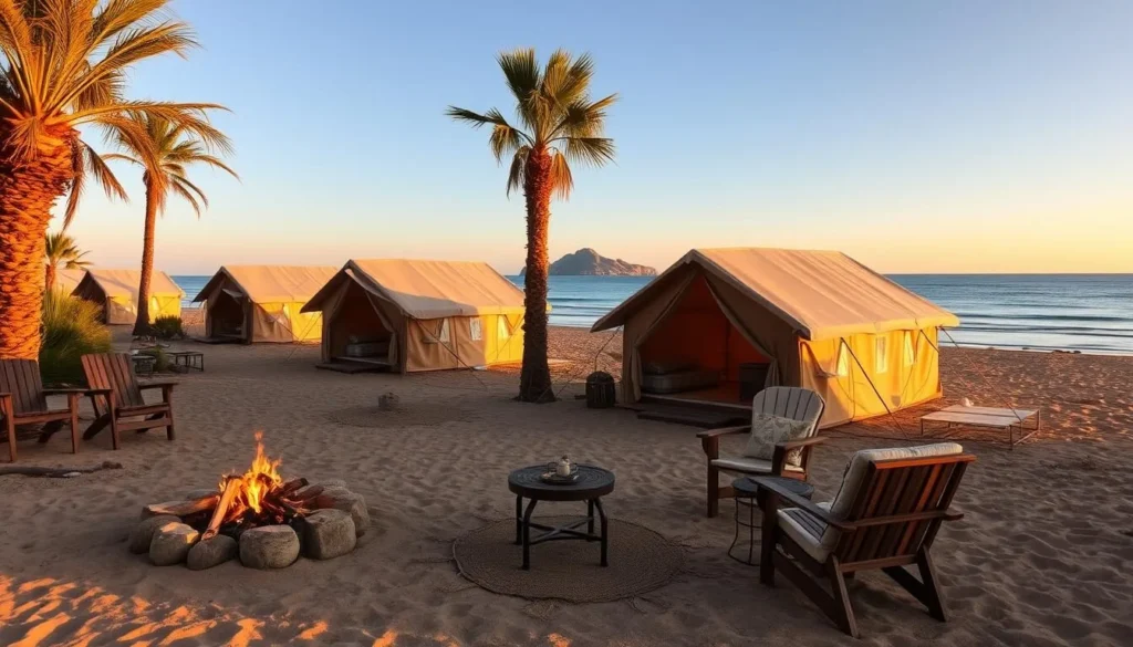 Traditional Baja beach camp with tents set up near the shore with Isla Todos Santos visible in the distance