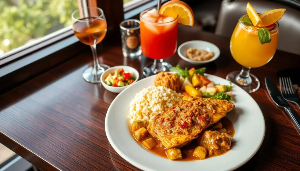 Traditional Bajan cuisine including flying fish and cou-cou served at a Hastings restaurant