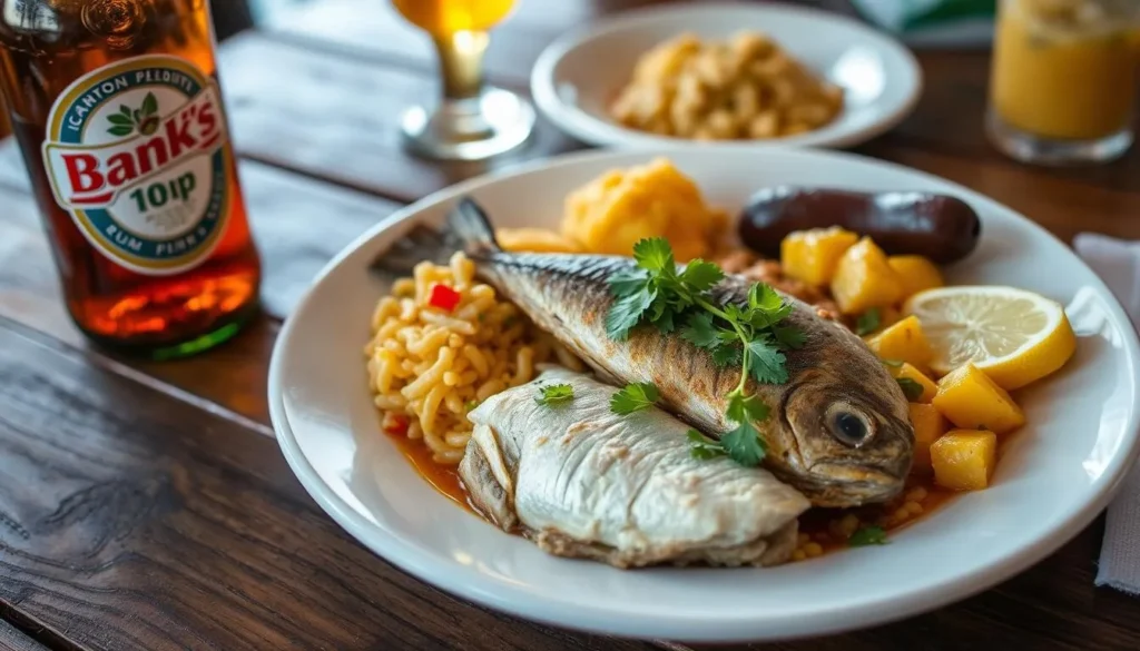 Traditional Bajan meal of flying fish and cou-cou with side dishes at a local Speightstown restaurant