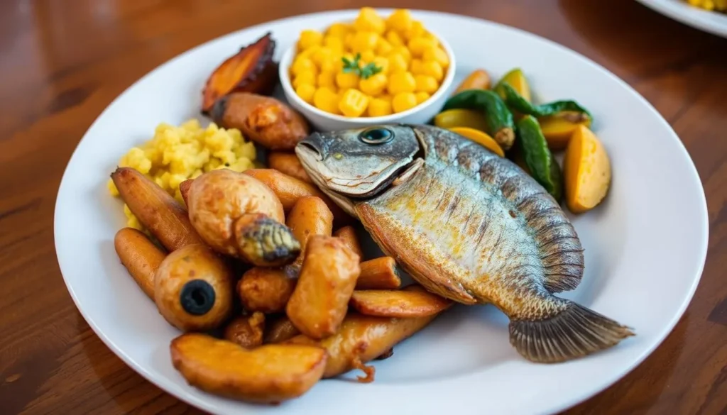 Traditional Bajan meal with flying fish, macaroni pie, and vegetables