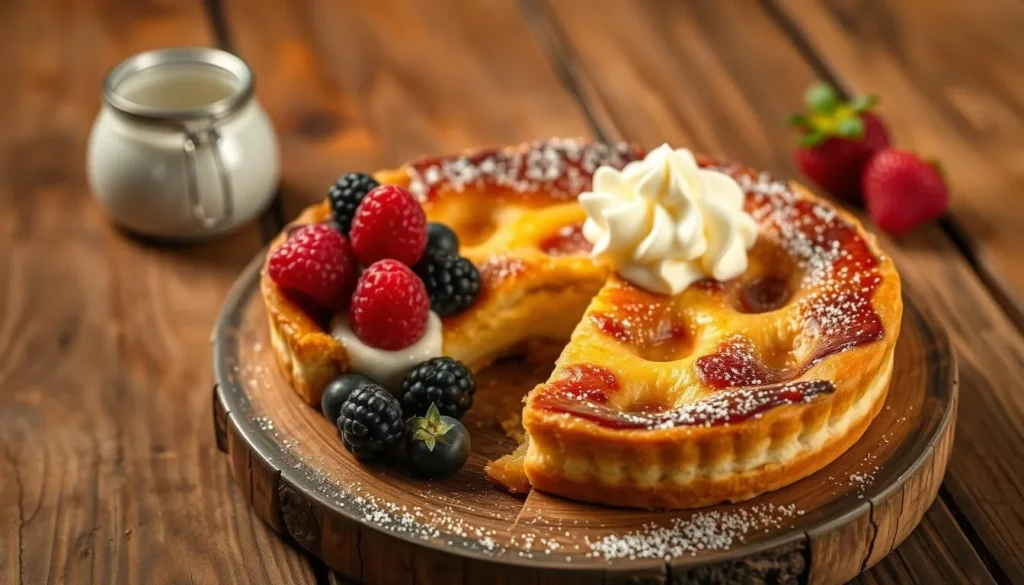 Traditional Bakewell Pudding with cream and berries in a rustic setting Traditional Bakewell Pudding with cream and berries in a rustic setting