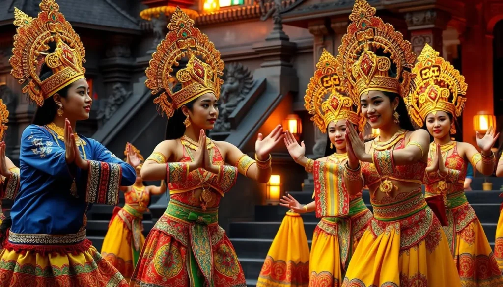 Traditional Balinese Legong dancers performing in elaborate costumes and gold headdresses at a temple ceremony Traditional Balinese Legong dancers performing in elaborate costumes and gold headdresses at a temple ceremony