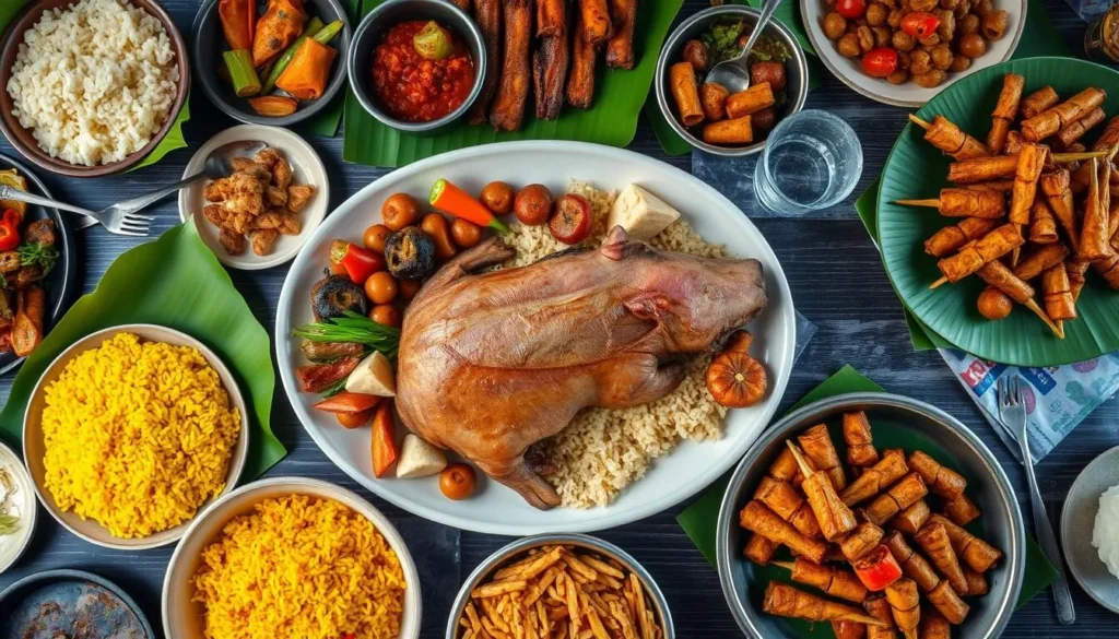 Traditional Balinese feast with various colorful dishes served during Bali Island festivals Indonesia Traditional Balinese feast with various colorful dishes served during Bali Island festivals Indonesia