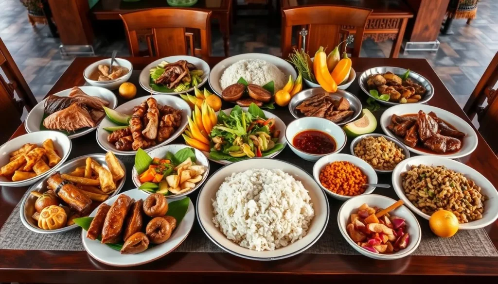 Traditional Balinese feast with various dishes including babi guling, satay, nasi campur, and fresh tropical fruits Traditional Balinese feast with various dishes including babi guling, satay, nasi campur, and fresh tropical fruits