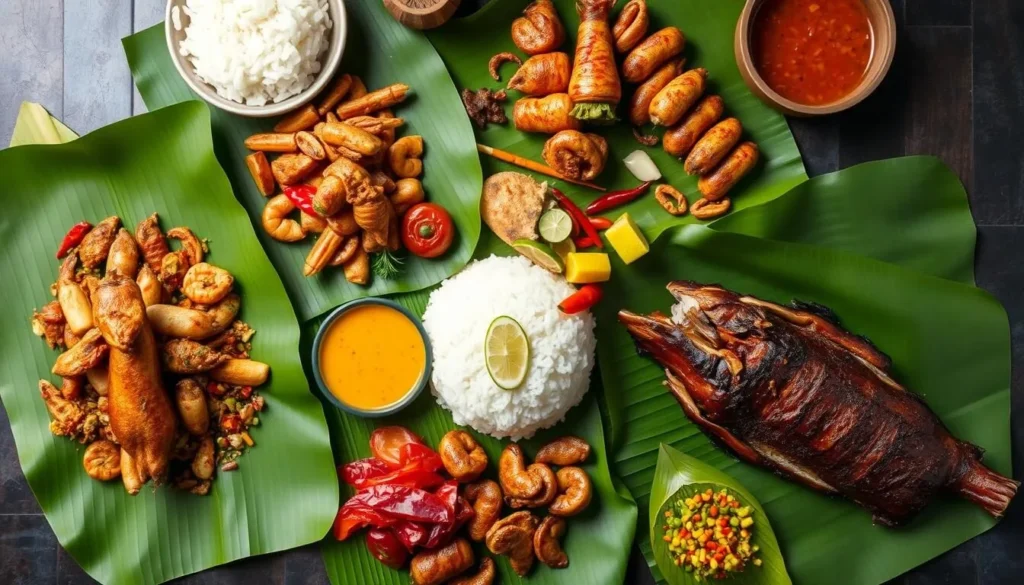 Traditional Balinese food spread including Babi Guling, Sate Lilit, and other local specialties