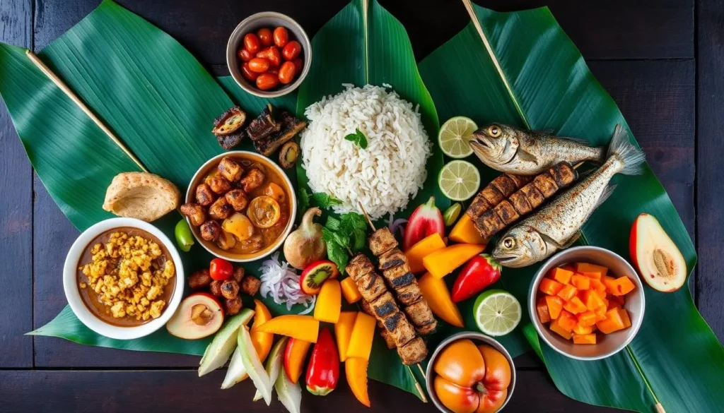Traditional Balinese food spread including nasi campur, satay, and fresh tropical fruits