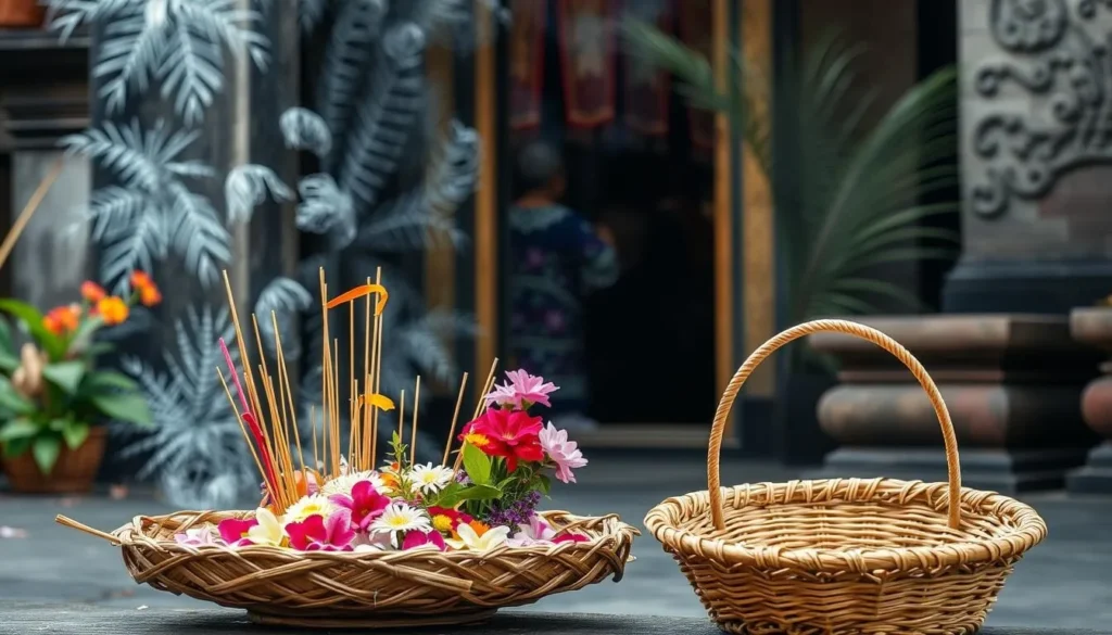 Traditional Balinese offering (canang sari) at a temple entrance in West Bali