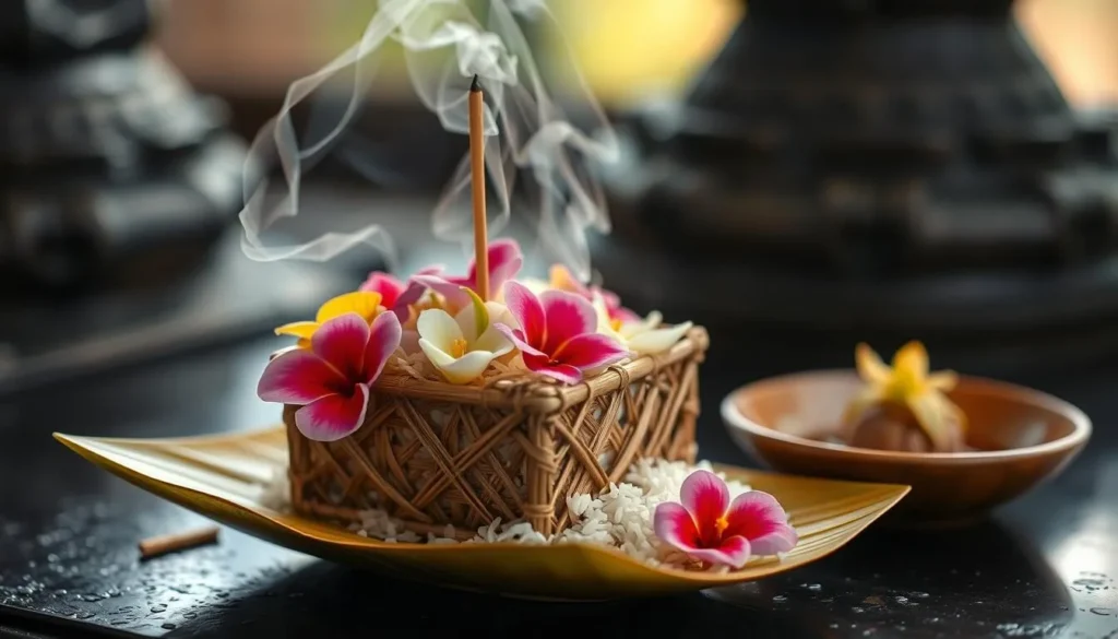 Traditional Balinese offering (canang sari) with flowers and incense