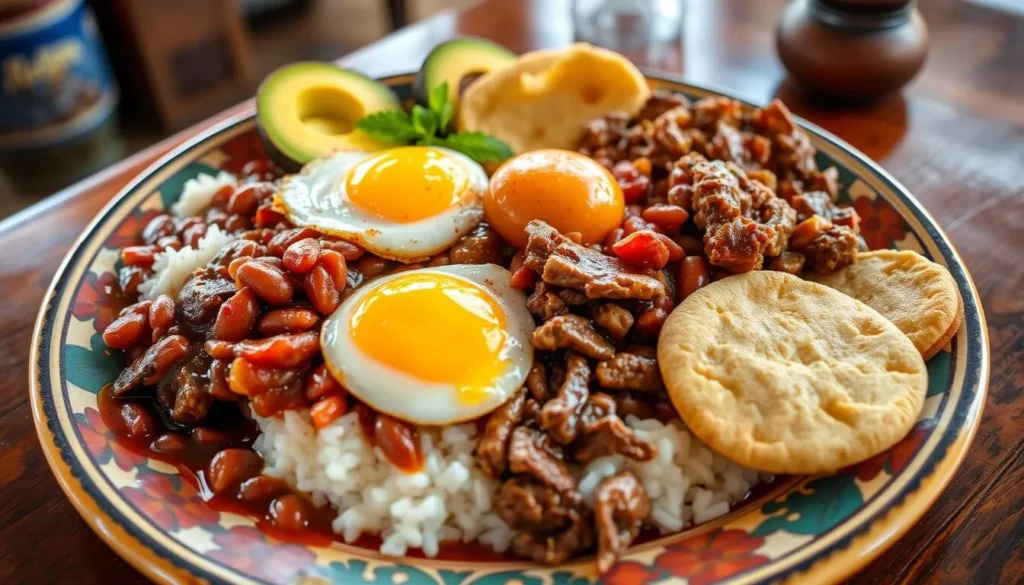 Traditional Bandeja Paisa dish with beans, rice, meat, avocado, plantain and arepa