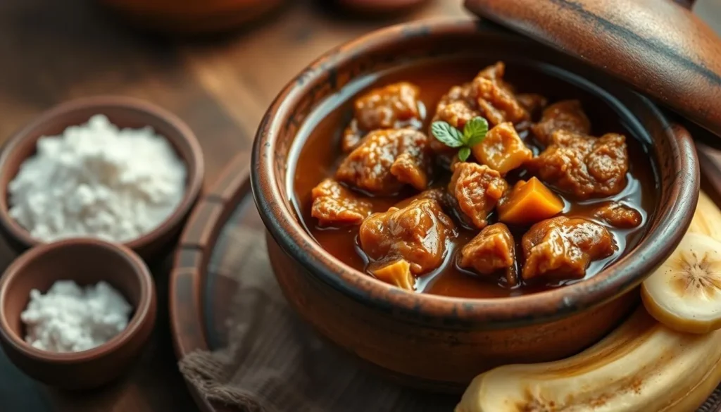 Traditional Barreado dish served in a clay pot with manioc flour and banana on the side