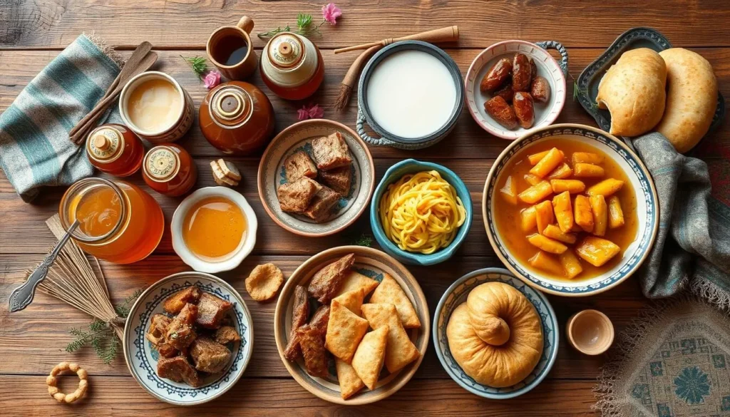 Traditional Bashkir cuisine featuring honey, kumys, and meat dishes Traditional Bashkir cuisine featuring honey, kumys, and meat dishes