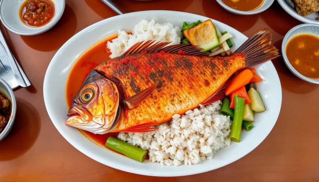 Traditional Batak cuisine featuring Arsik fish dish with rice and side dishes at Lake Toba