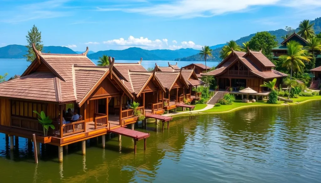 Traditional Batak-style lakefront resort at Lake Toba with wooden houses on stilts over water