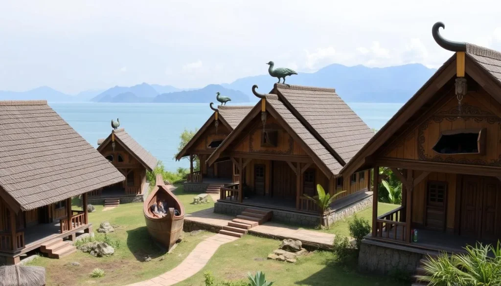 Traditional Batak village on Samosir Island with boat-shaped roof houses and Lake Toba in background