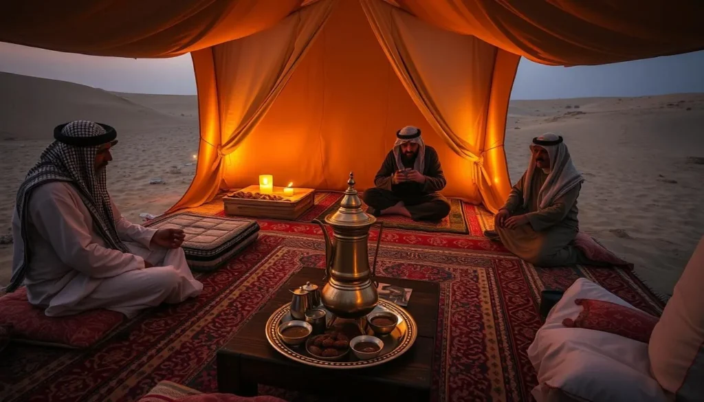 Traditional Bedouin camp with coffee ceremony at Khawr al Udayd