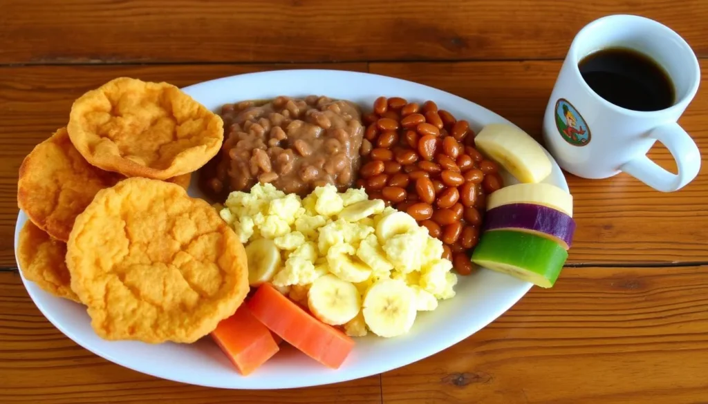 Traditional Belizean breakfast with fry jacks, refried beans, eggs, and fresh tropical fruit