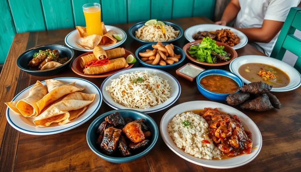 Traditional Belizean food including tacos, tamales, and pibil, showcasing the local cuisine of Orange Walk, Belize Traditional Belizean food including tacos, tamales, and pibil, showcasing the local cuisine of Orange Walk, Belize