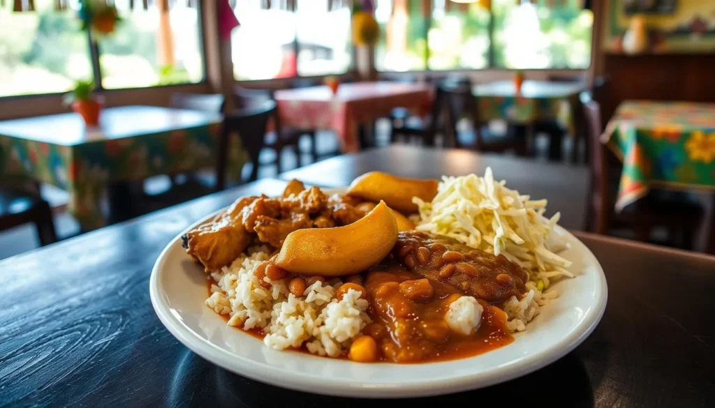 Traditional Belizean food plate with rice and beans, stewed chicken, plantains, and coleslaw served at a local restaurant Traditional Belizean food plate with rice and beans, stewed chicken, plantains, and coleslaw served at a local restaurant