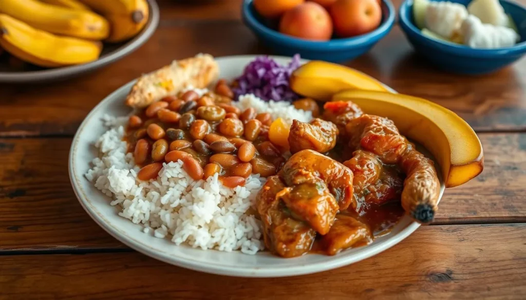 Traditional Belizean meal with rice, beans, and fresh tropical fruits