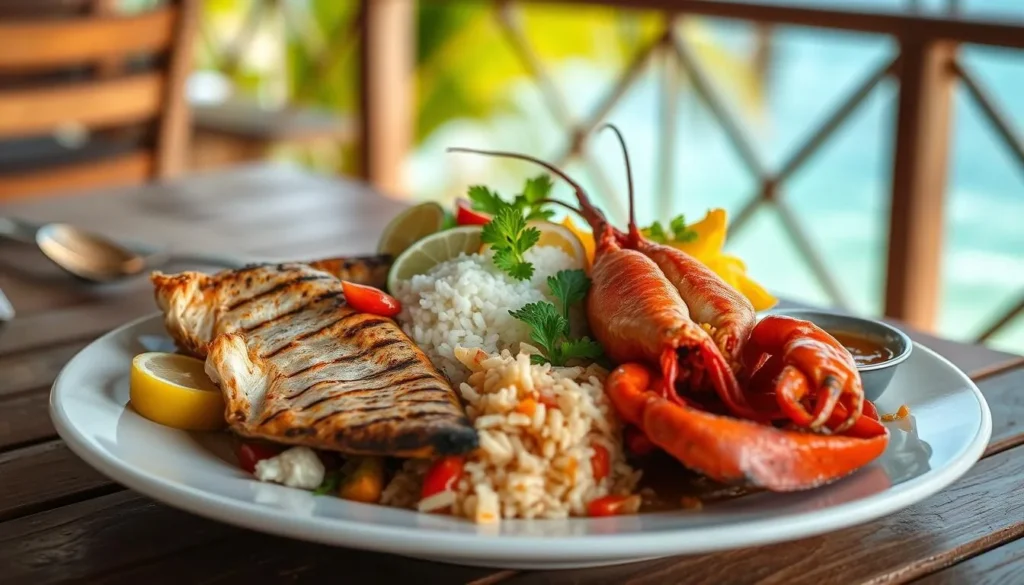 Traditional Belizean seafood meal with rice and beans